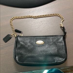 Coach Black Pebbled Leather Wristlet with Gold Chain